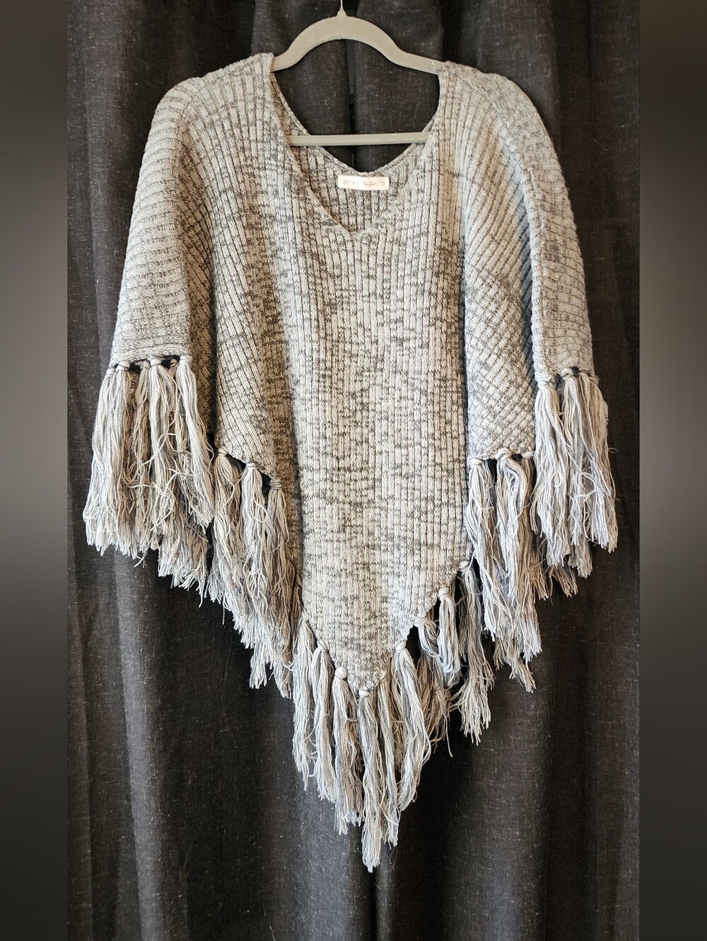Rosegal Gray Fringe Knit Poncho Sweater One Size Boho, Western, Travel